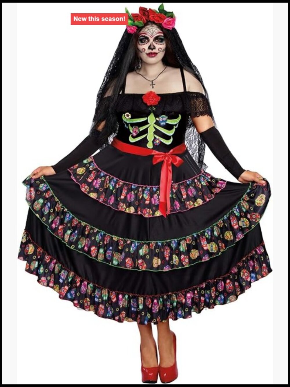 Plus Size Day of the Dead Costume Dress with Skull Print and Beaded Necklace